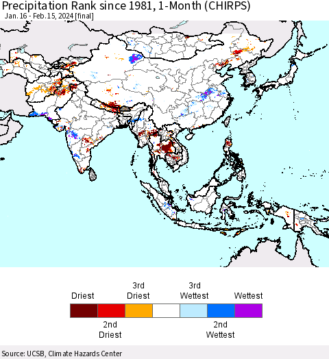 Asia Precipitation Rank since 1981, 1-Month (CHIRPS) Thematic Map For 1/16/2024 - 2/15/2024