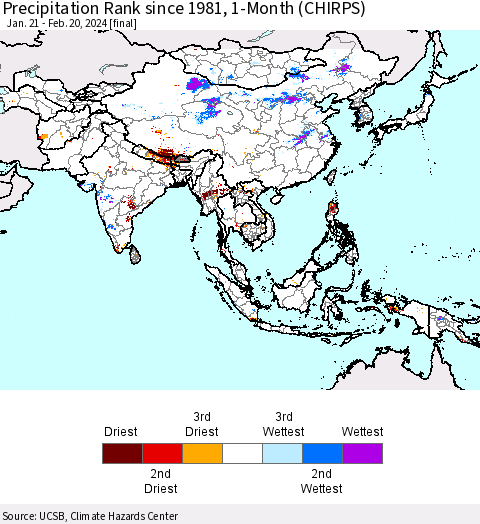 Asia Precipitation Rank since 1981, 1-Month (CHIRPS) Thematic Map For 1/21/2024 - 2/20/2024