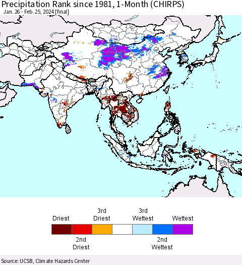 Asia Precipitation Rank since 1981, 1-Month (CHIRPS) Thematic Map For 1/26/2024 - 2/25/2024