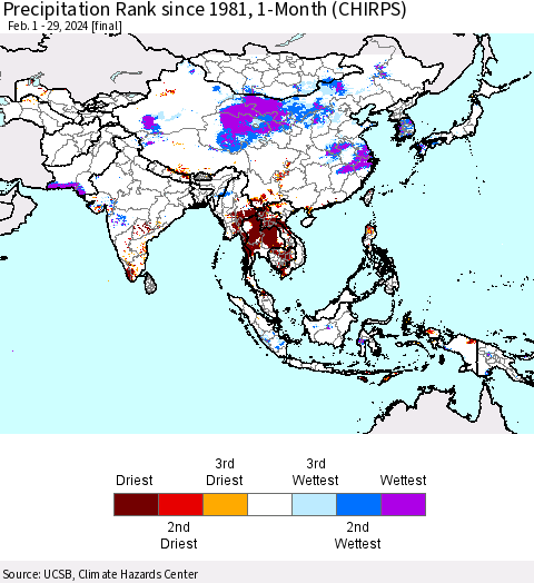 Asia Precipitation Rank since 1981, 1-Month (CHIRPS) Thematic Map For 2/1/2024 - 2/29/2024