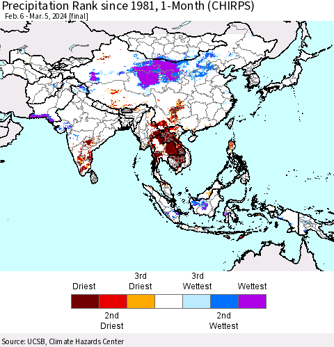 Asia Precipitation Rank since 1981, 1-Month (CHIRPS) Thematic Map For 2/6/2024 - 3/5/2024