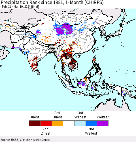Asia Precipitation Rank since 1981, 1-Month (CHIRPS) Thematic Map For 2/11/2024 - 3/10/2024