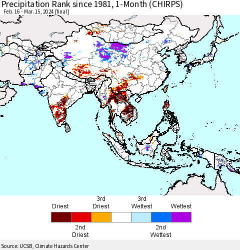 Asia Precipitation Rank since 1981, 1-Month (CHIRPS) Thematic Map For 2/16/2024 - 3/15/2024