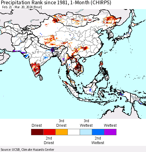 Asia Precipitation Rank since 1981, 1-Month (CHIRPS) Thematic Map For 2/21/2024 - 3/20/2024