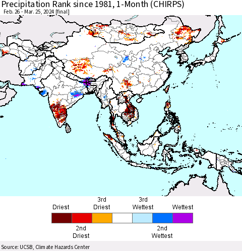 Asia Precipitation Rank since 1981, 1-Month (CHIRPS) Thematic Map For 2/26/2024 - 3/25/2024