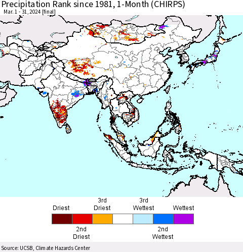 Asia Precipitation Rank since 1981, 1-Month (CHIRPS) Thematic Map For 3/1/2024 - 3/31/2024