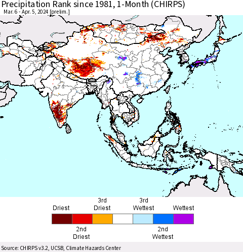 Asia Precipitation Rank since 1981, 1-Month (CHIRPS) Thematic Map For 3/6/2024 - 4/5/2024