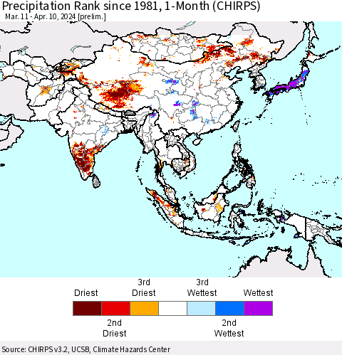 Asia Precipitation Rank since 1981, 1-Month (CHIRPS) Thematic Map For 3/11/2024 - 4/10/2024