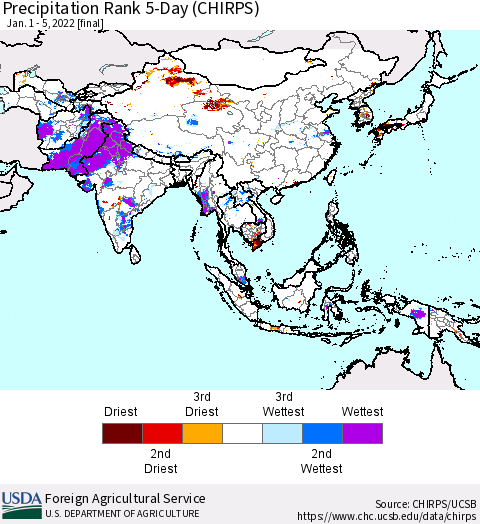 Asia Precipitation Rank since 1981, 5-Day (CHIRPS) Thematic Map For 1/1/2022 - 1/5/2022