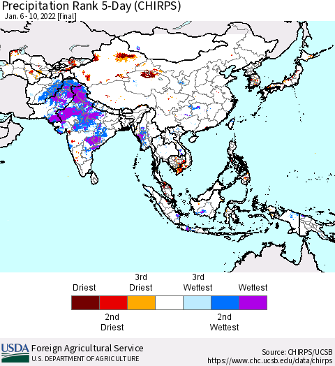 Asia Precipitation Rank since 1981, 5-Day (CHIRPS) Thematic Map For 1/6/2022 - 1/10/2022
