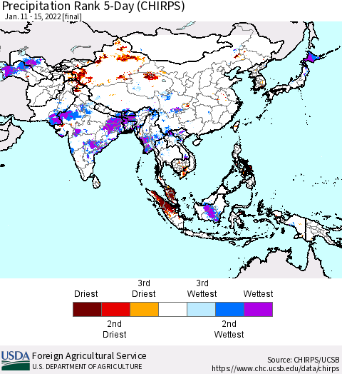 Asia Precipitation Rank since 1981, 5-Day (CHIRPS) Thematic Map For 1/11/2022 - 1/15/2022