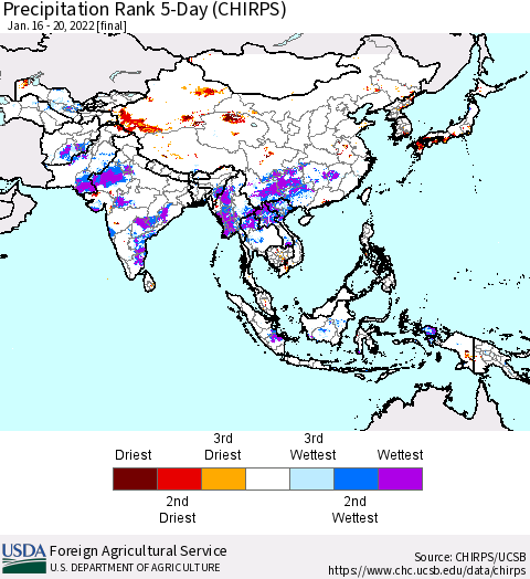 Asia Precipitation Rank since 1981, 5-Day (CHIRPS) Thematic Map For 1/16/2022 - 1/20/2022