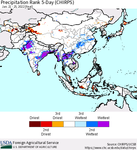 Asia Precipitation Rank since 1981, 5-Day (CHIRPS) Thematic Map For 1/21/2022 - 1/25/2022