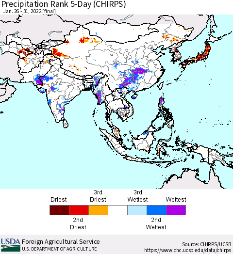 Asia Precipitation Rank since 1981, 5-Day (CHIRPS) Thematic Map For 1/26/2022 - 1/31/2022