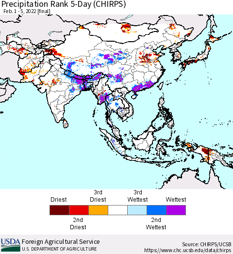 Asia Precipitation Rank since 1981, 5-Day (CHIRPS) Thematic Map For 2/1/2022 - 2/5/2022