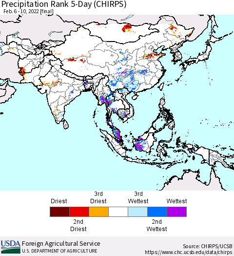 Asia Precipitation Rank since 1981, 5-Day (CHIRPS) Thematic Map For 2/6/2022 - 2/10/2022