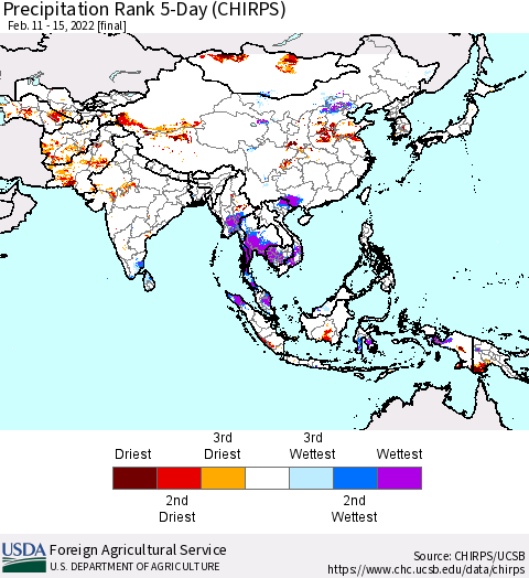 Asia Precipitation Rank since 1981, 5-Day (CHIRPS) Thematic Map For 2/11/2022 - 2/15/2022