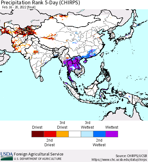 Asia Precipitation Rank since 1981, 5-Day (CHIRPS) Thematic Map For 2/16/2022 - 2/20/2022