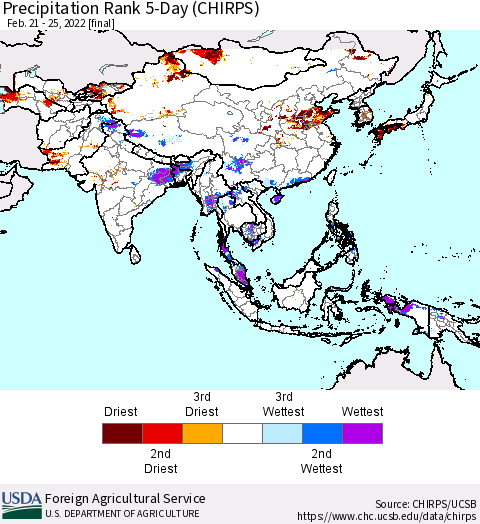 Asia Precipitation Rank since 1981, 5-Day (CHIRPS) Thematic Map For 2/21/2022 - 2/25/2022