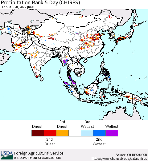 Asia Precipitation Rank since 1981, 5-Day (CHIRPS) Thematic Map For 2/26/2022 - 2/28/2022