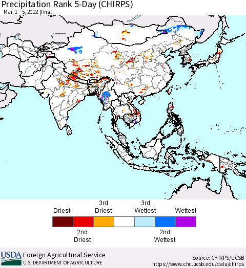 Asia Precipitation Rank since 1981, 5-Day (CHIRPS) Thematic Map For 3/1/2022 - 3/5/2022