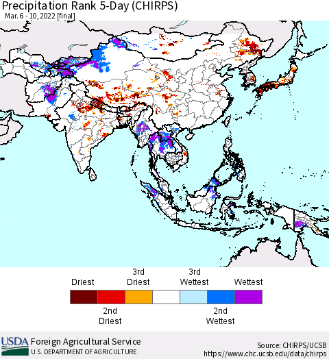 Asia Precipitation Rank since 1981, 5-Day (CHIRPS) Thematic Map For 3/6/2022 - 3/10/2022