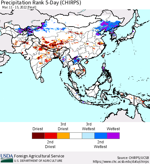 Asia Precipitation Rank since 1981, 5-Day (CHIRPS) Thematic Map For 3/11/2022 - 3/15/2022