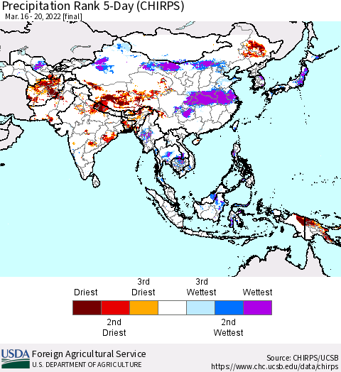 Asia Precipitation Rank since 1981, 5-Day (CHIRPS) Thematic Map For 3/16/2022 - 3/20/2022