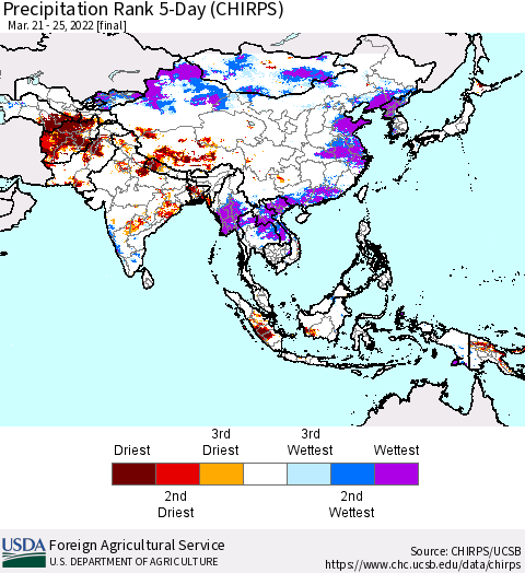 Asia Precipitation Rank since 1981, 5-Day (CHIRPS) Thematic Map For 3/21/2022 - 3/25/2022