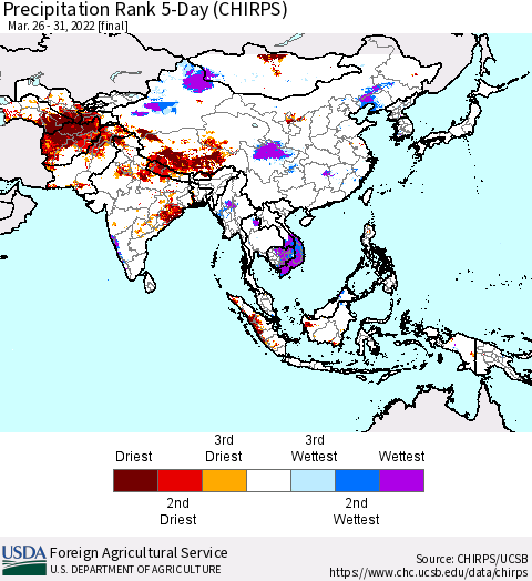 Asia Precipitation Rank since 1981, 5-Day (CHIRPS) Thematic Map For 3/26/2022 - 3/31/2022