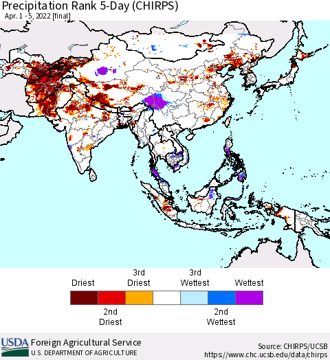 Asia Precipitation Rank since 1981, 5-Day (CHIRPS) Thematic Map For 4/1/2022 - 4/5/2022