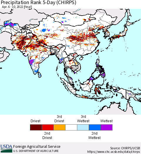Asia Precipitation Rank since 1981, 5-Day (CHIRPS) Thematic Map For 4/6/2022 - 4/10/2022