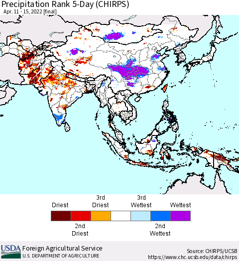 Asia Precipitation Rank since 1981, 5-Day (CHIRPS) Thematic Map For 4/11/2022 - 4/15/2022