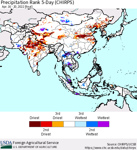 Asia Precipitation Rank since 1981, 5-Day (CHIRPS) Thematic Map For 4/16/2022 - 4/20/2022
