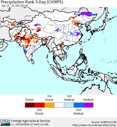Asia Precipitation Rank since 1981, 5-Day (CHIRPS) Thematic Map For 4/21/2022 - 4/25/2022