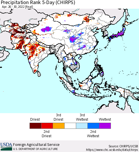 Asia Precipitation Rank since 1981, 5-Day (CHIRPS) Thematic Map For 4/26/2022 - 4/30/2022