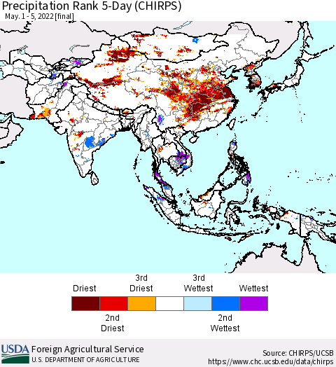 Asia Precipitation Rank since 1981, 5-Day (CHIRPS) Thematic Map For 5/1/2022 - 5/5/2022