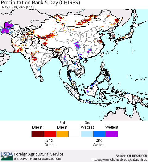Asia Precipitation Rank since 1981, 5-Day (CHIRPS) Thematic Map For 5/6/2022 - 5/10/2022