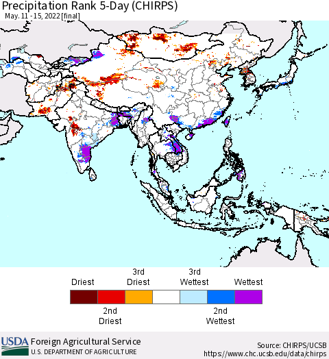 Asia Precipitation Rank since 1981, 5-Day (CHIRPS) Thematic Map For 5/11/2022 - 5/15/2022