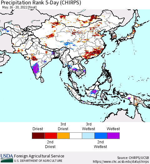 Asia Precipitation Rank since 1981, 5-Day (CHIRPS) Thematic Map For 5/16/2022 - 5/20/2022