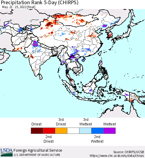 Asia Precipitation Rank since 1981, 5-Day (CHIRPS) Thematic Map For 5/21/2022 - 5/25/2022