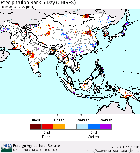 Asia Precipitation Rank since 1981, 5-Day (CHIRPS) Thematic Map For 5/26/2022 - 5/31/2022