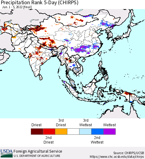 Asia Precipitation Rank since 1981, 5-Day (CHIRPS) Thematic Map For 6/1/2022 - 6/5/2022