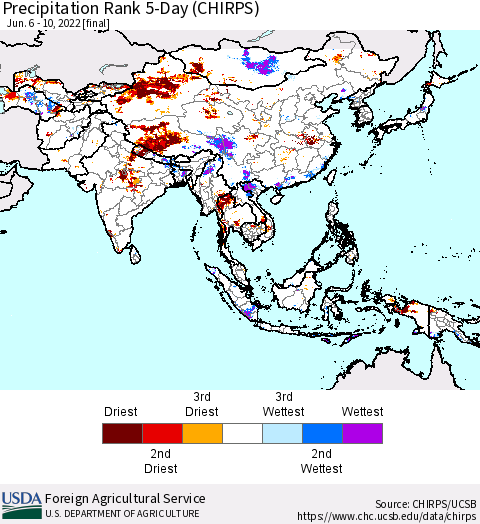 Asia Precipitation Rank since 1981, 5-Day (CHIRPS) Thematic Map For 6/6/2022 - 6/10/2022