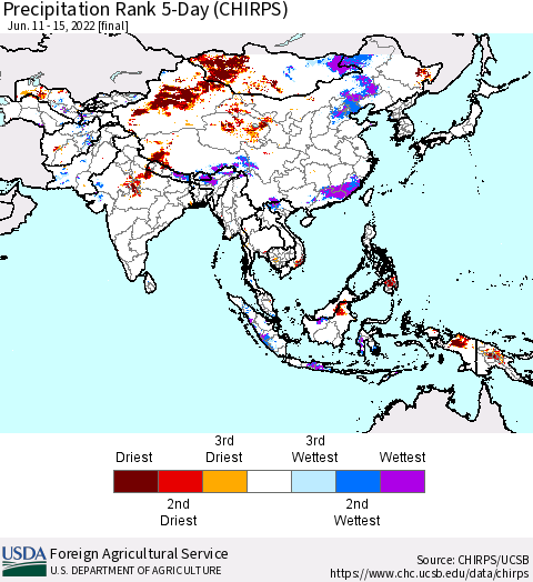 Asia Precipitation Rank since 1981, 5-Day (CHIRPS) Thematic Map For 6/11/2022 - 6/15/2022