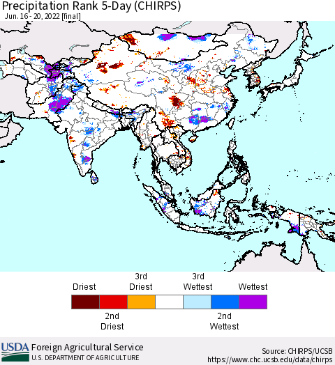 Asia Precipitation Rank since 1981, 5-Day (CHIRPS) Thematic Map For 6/16/2022 - 6/20/2022