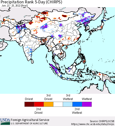 Asia Precipitation Rank since 1981, 5-Day (CHIRPS) Thematic Map For 6/21/2022 - 6/25/2022