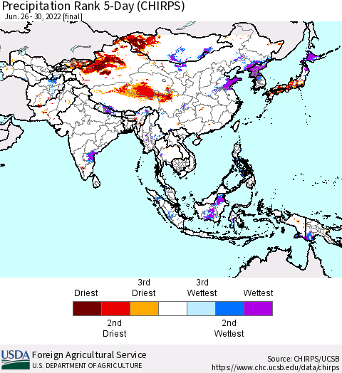 Asia Precipitation Rank since 1981, 5-Day (CHIRPS) Thematic Map For 6/26/2022 - 6/30/2022