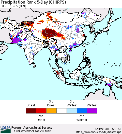 Asia Precipitation Rank since 1981, 5-Day (CHIRPS) Thematic Map For 7/1/2022 - 7/5/2022