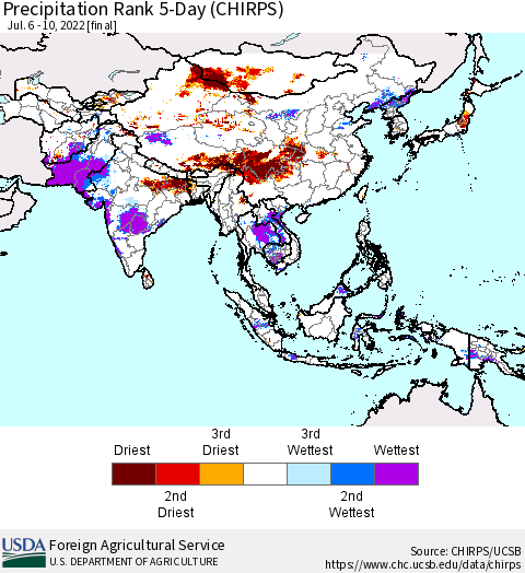 Asia Precipitation Rank since 1981, 5-Day (CHIRPS) Thematic Map For 7/6/2022 - 7/10/2022